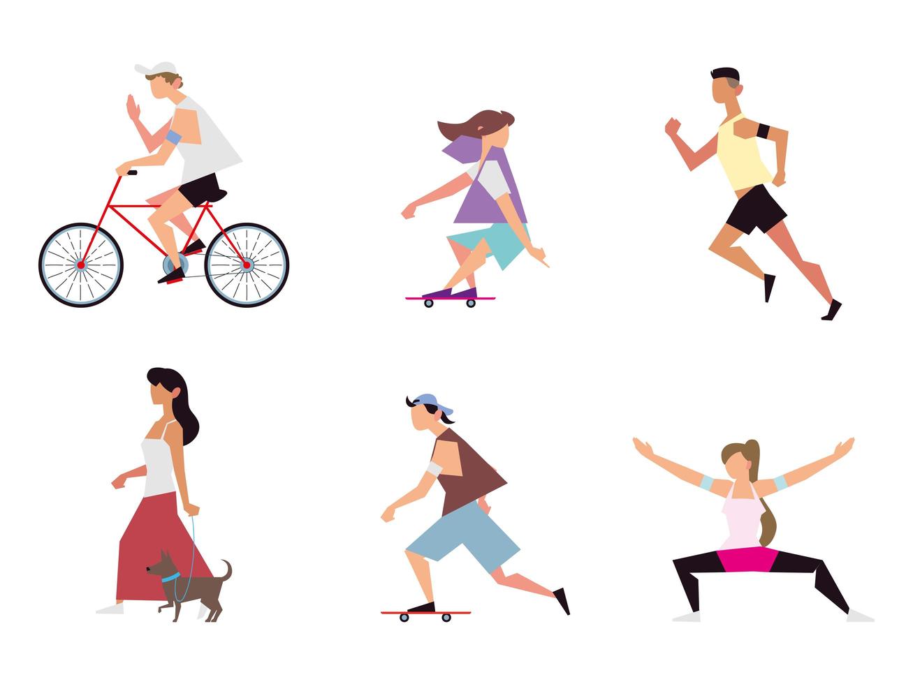 Las diferentes actividades de las personas incluyen andar en bicicleta, caminar, correr y otras al aire libre. vector