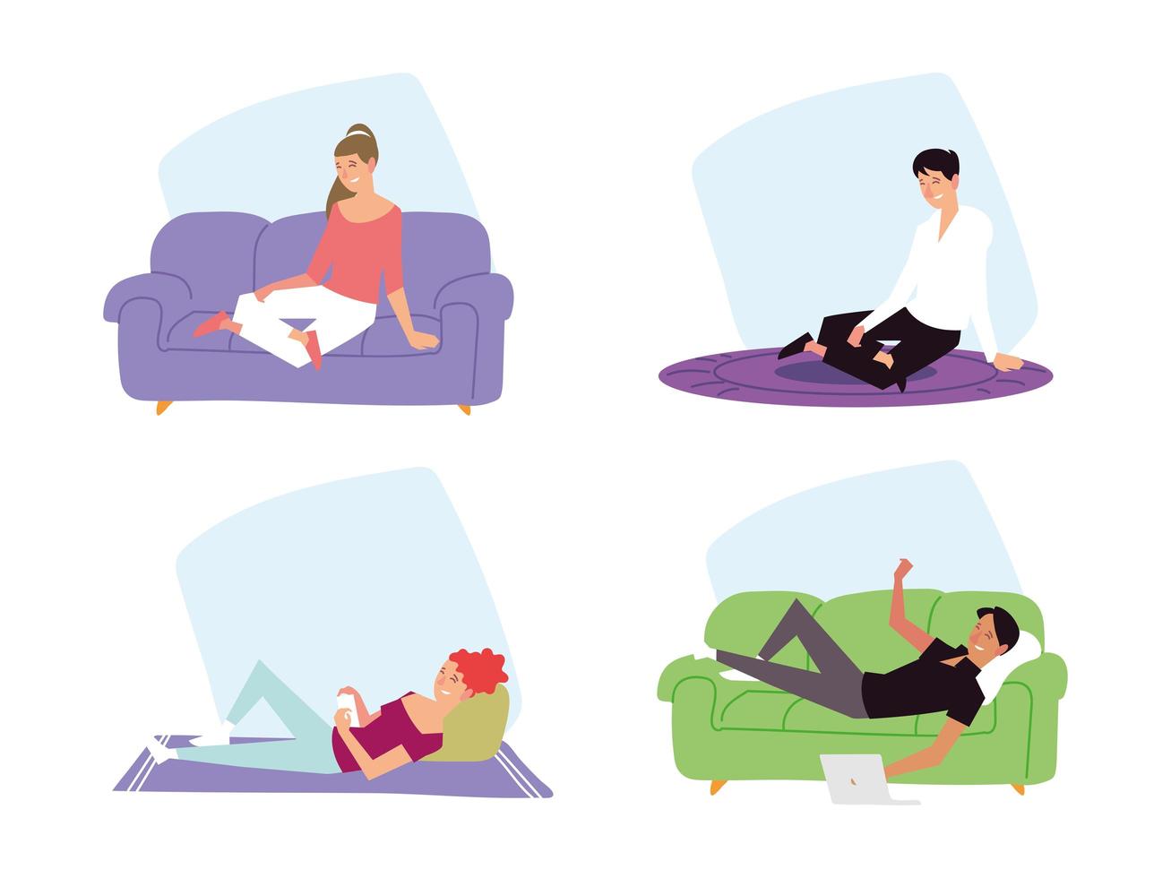 young people resting or lying on sofa and floor, indoor activities vector