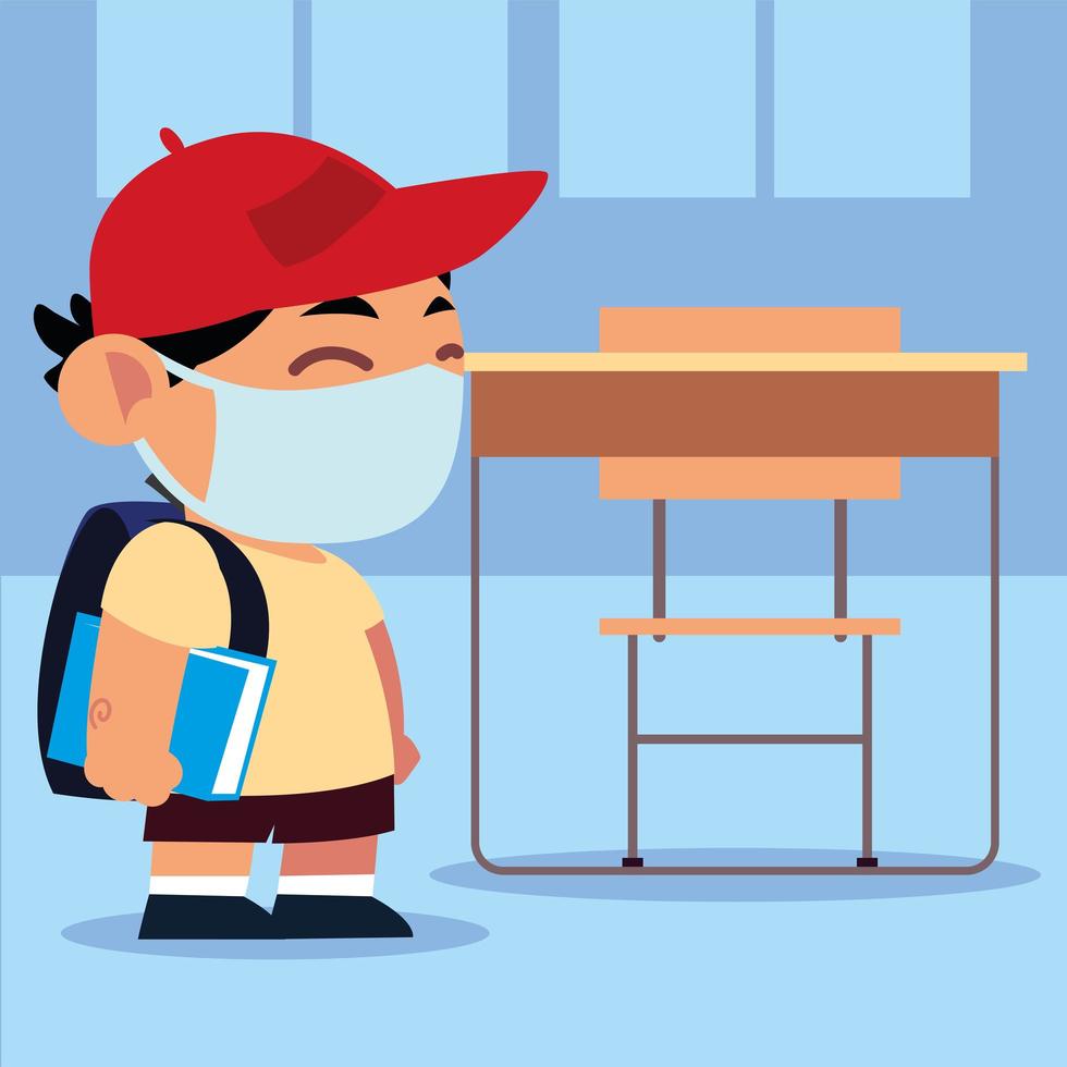 back to school, student cute boy with protective mask in the classroom, new normal vector