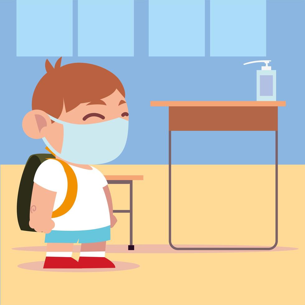 back to school, student boy in classroom with dispenser hands sanitizer vector