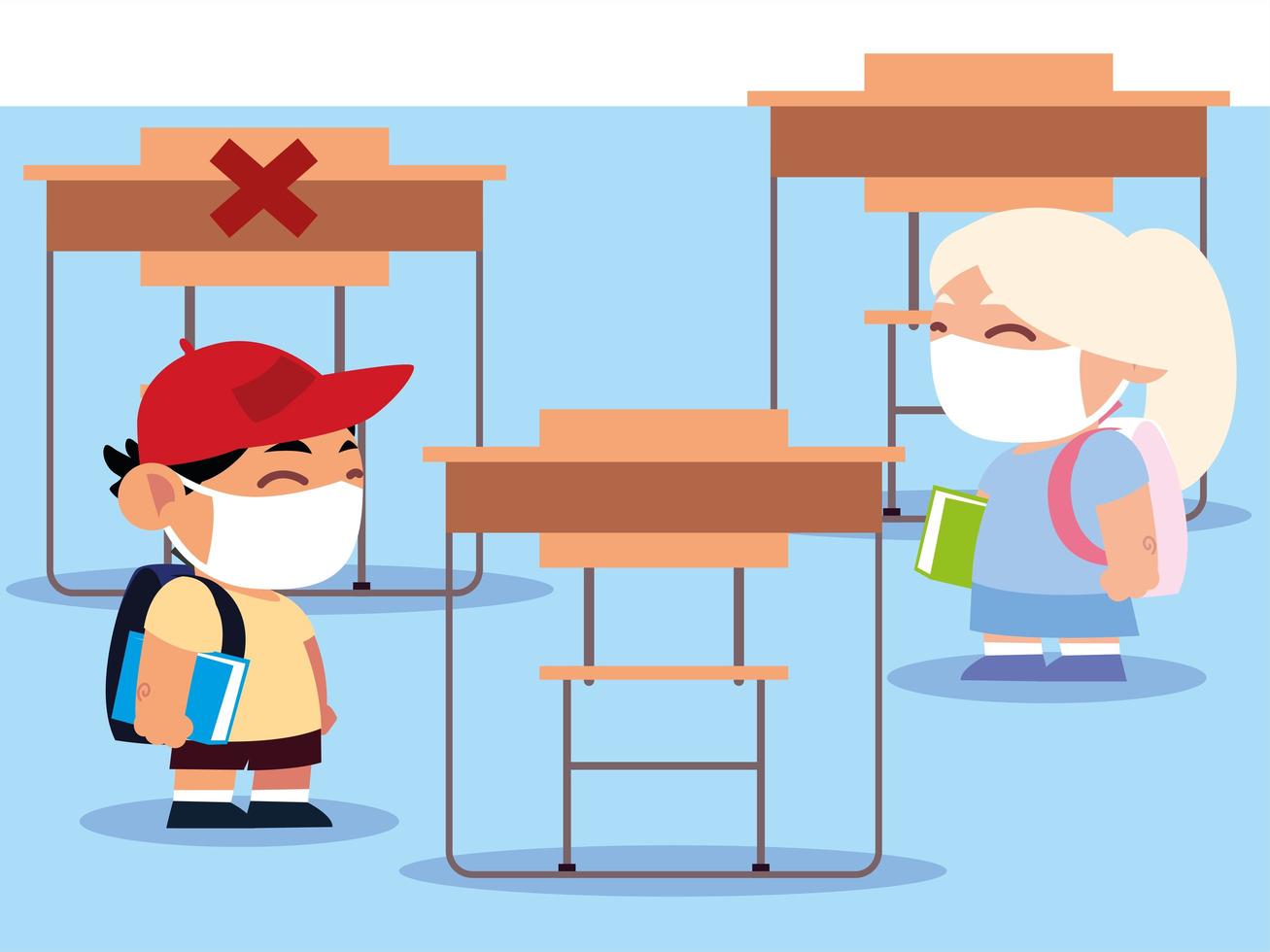 back to school for new normal, little students in the classroom keep physical distance vector