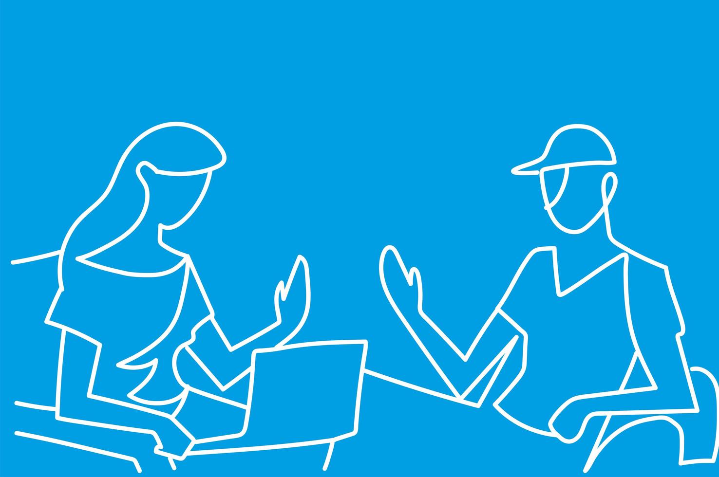 mujer con laptop y hombre con gorra deportiva juntos estilo de línea continua de fondo azul vector