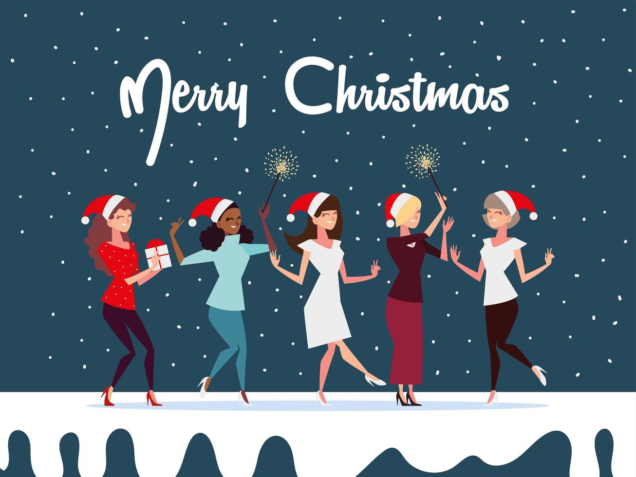 gente de navidad, tarjeta de felicitación, mujeres juntas temporada invierno celebración vector