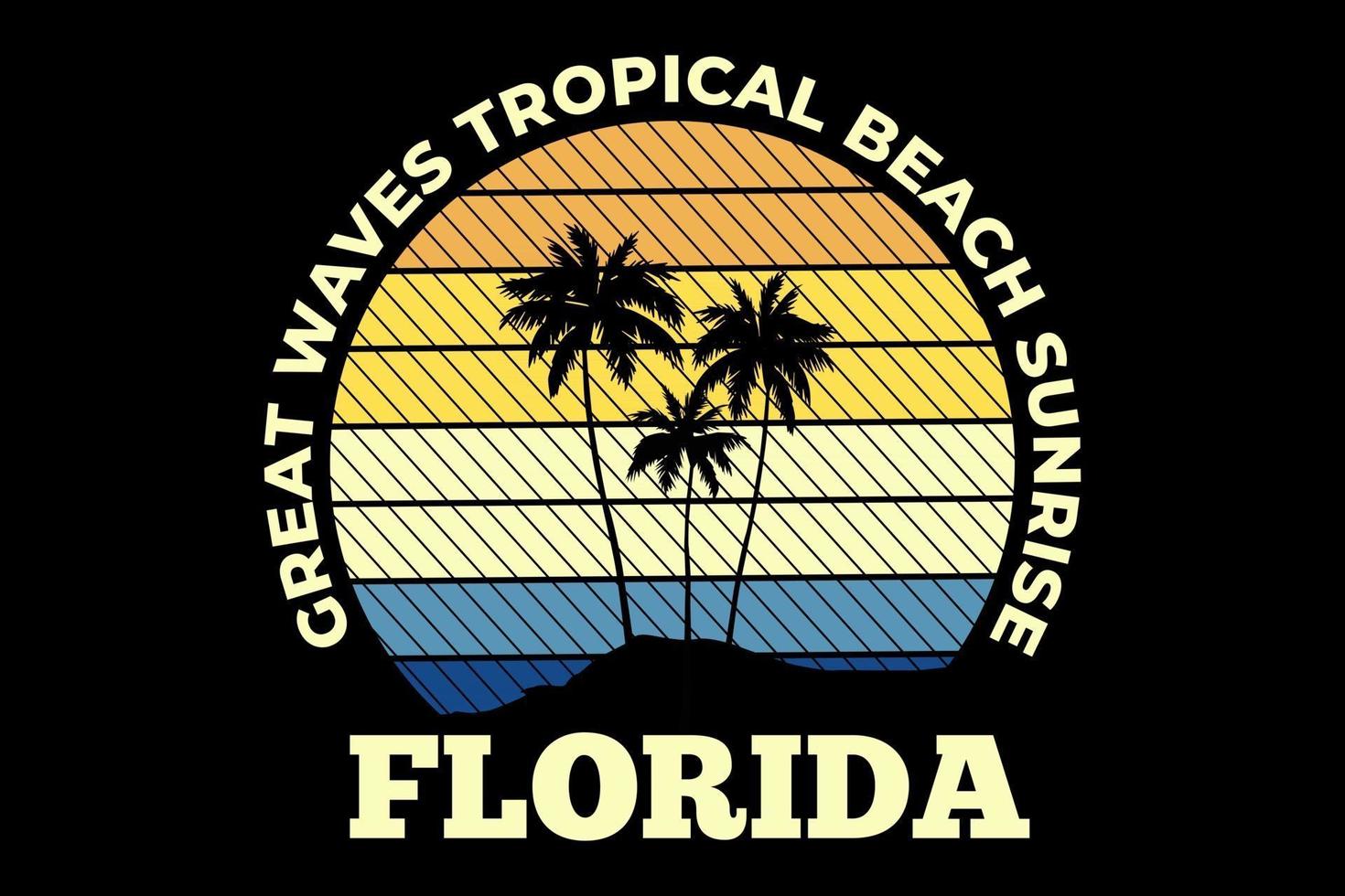 camiseta grandes olas playa tropical amanecer florida estilo retro vector