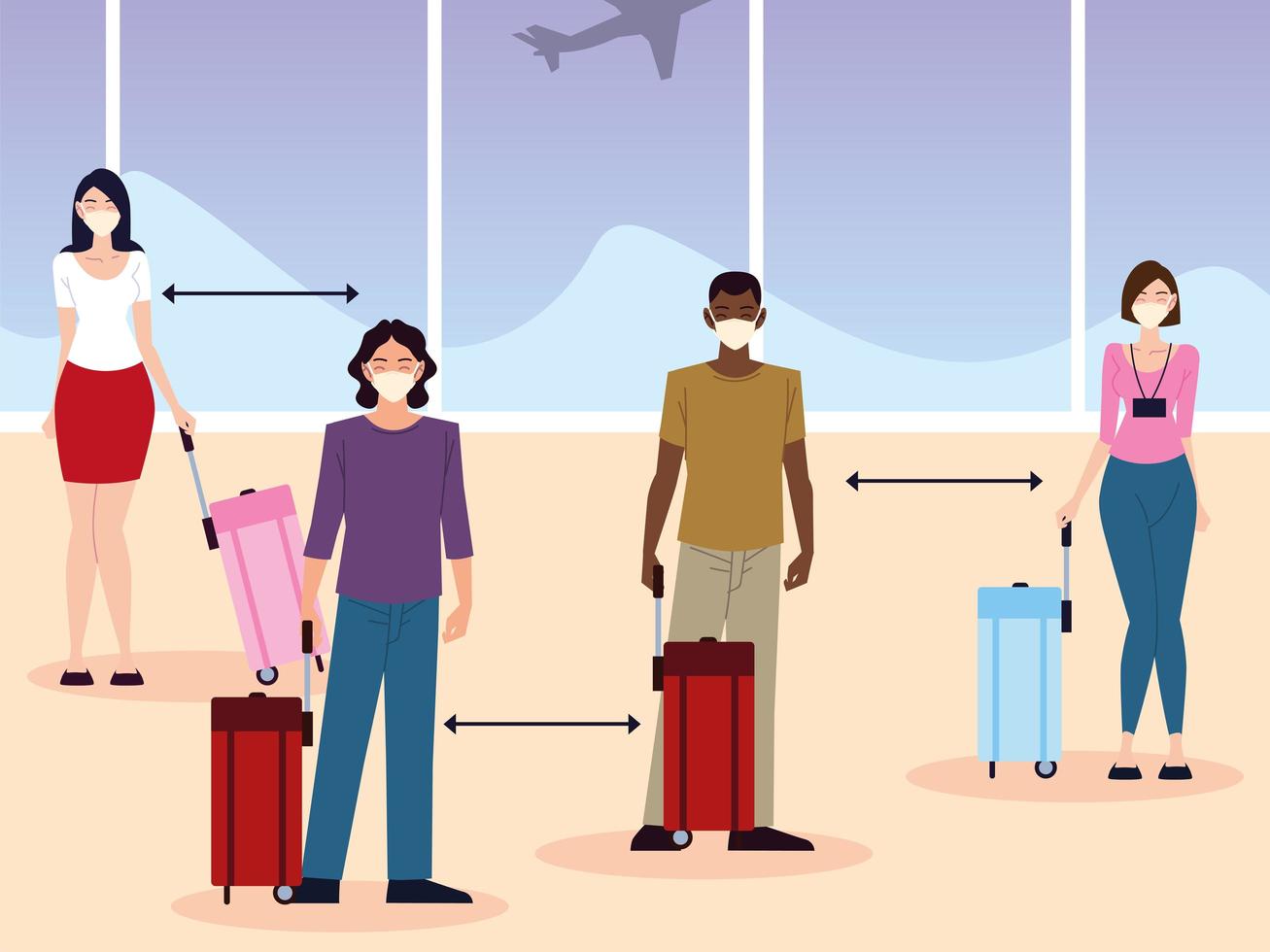 airport new normal, group people social distance between passengers vector