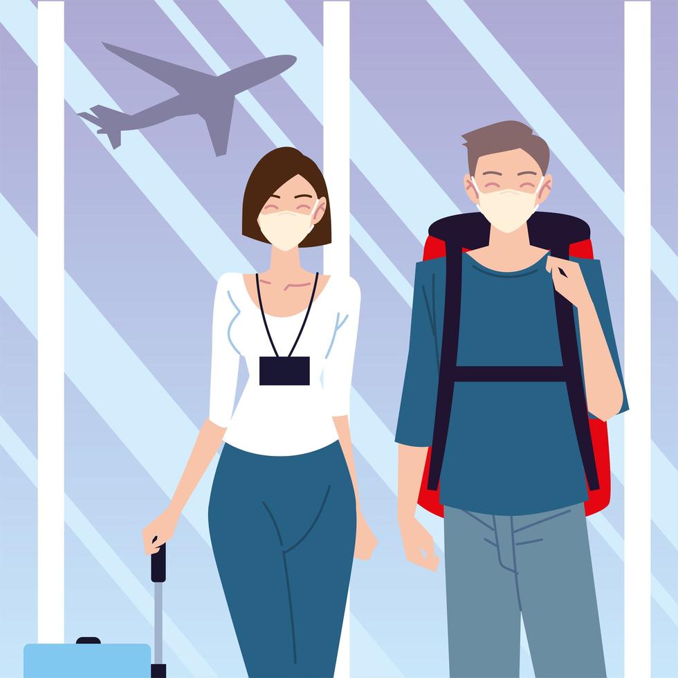 airport new normal, young couple with masks backpack and suitcase vector