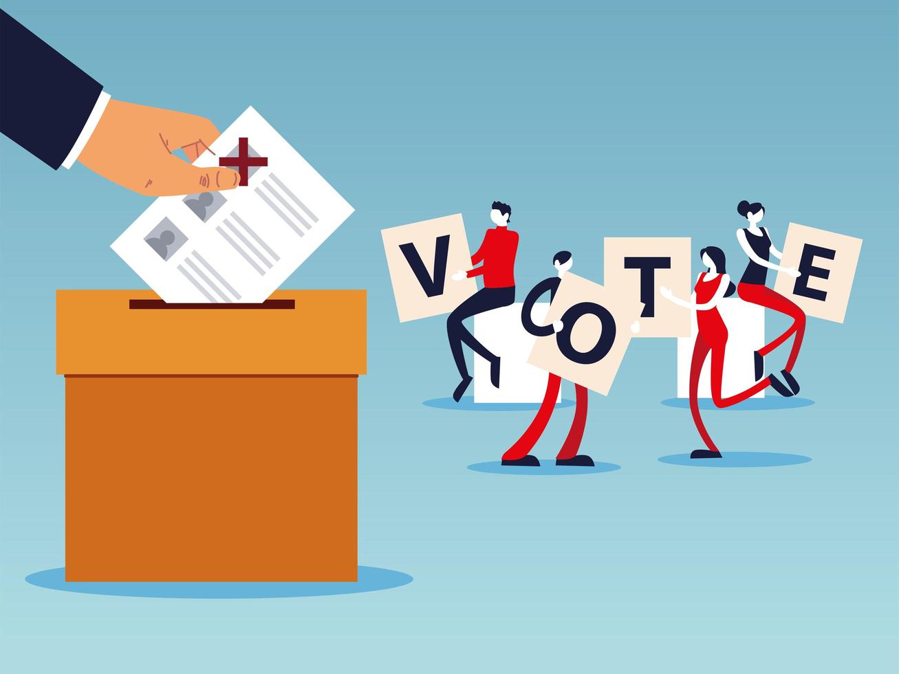 election day, people with vote letters, hand with ballot in box vector