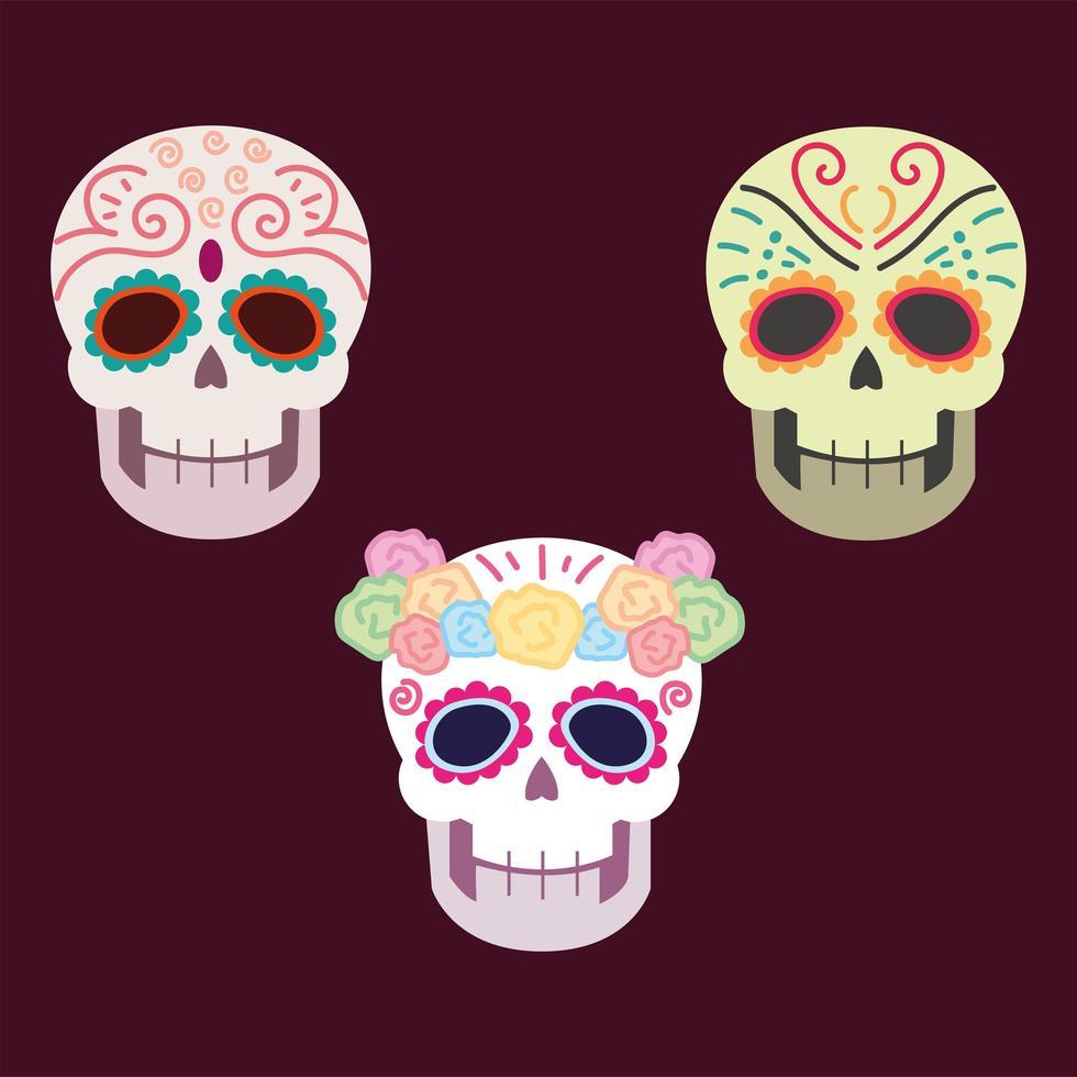 day of the dead, sugar skull catrinas with flowers mexican celebration vector