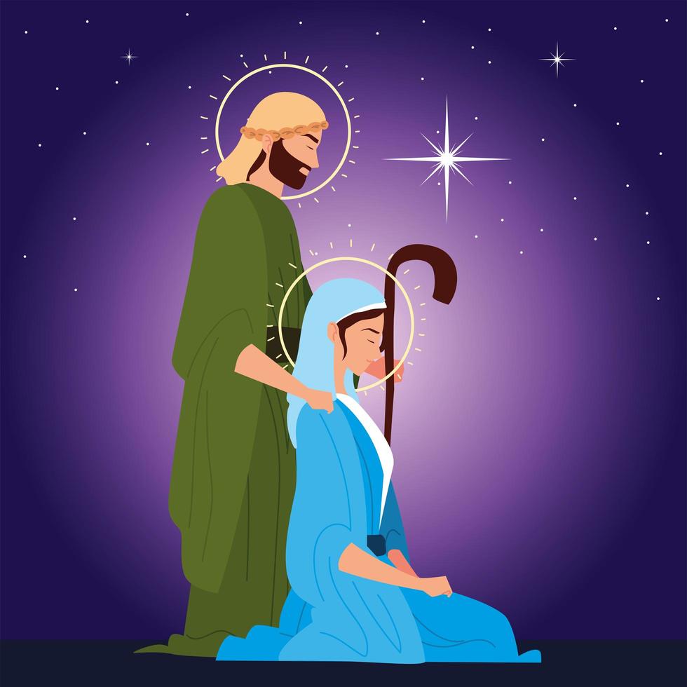 nativity, joseph and mary, shining star on purple background vector