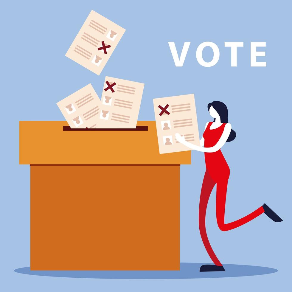election day, woman with ballot and ballots in cardboard box vector