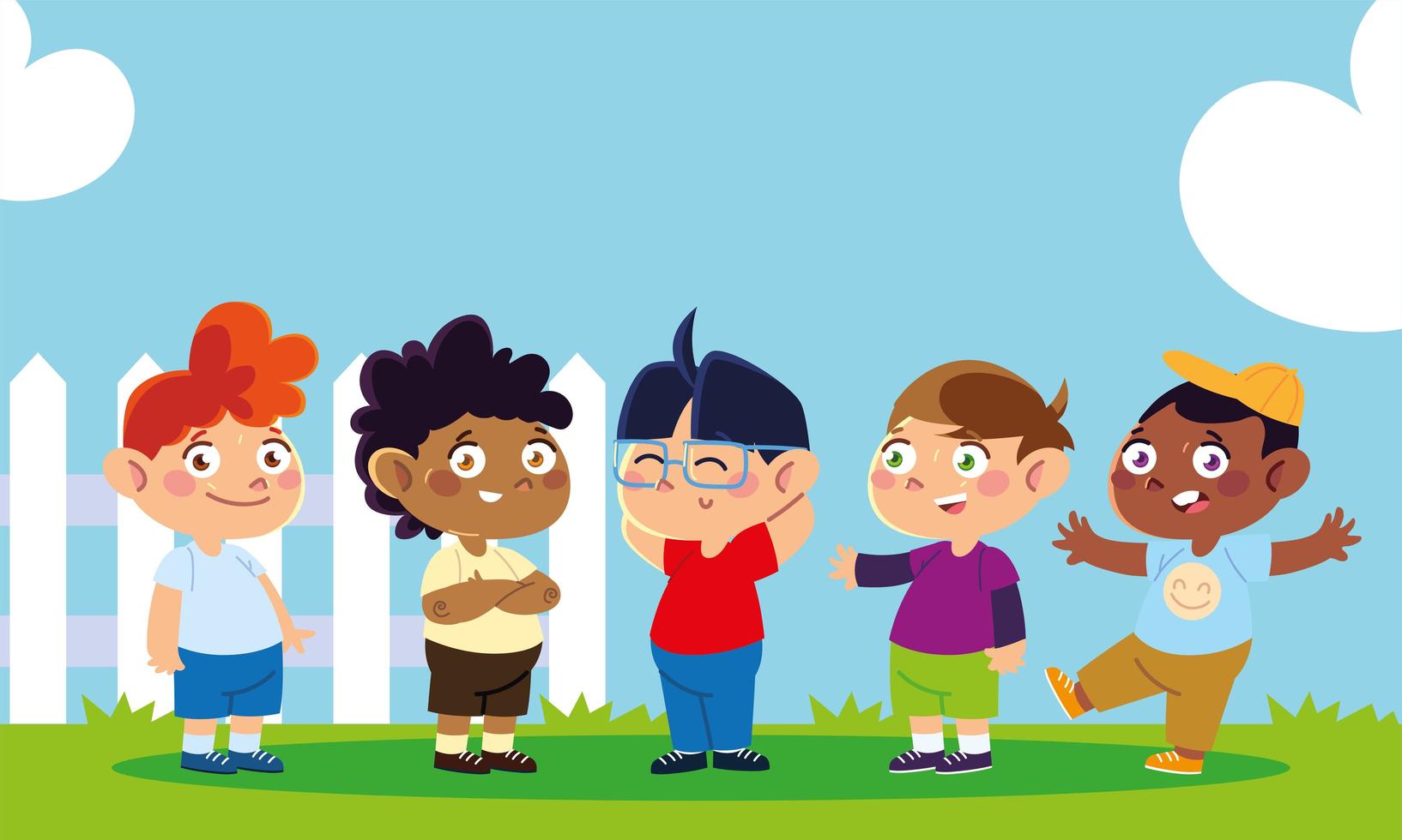 childrens day, group little boy standing with fence in the yard vector