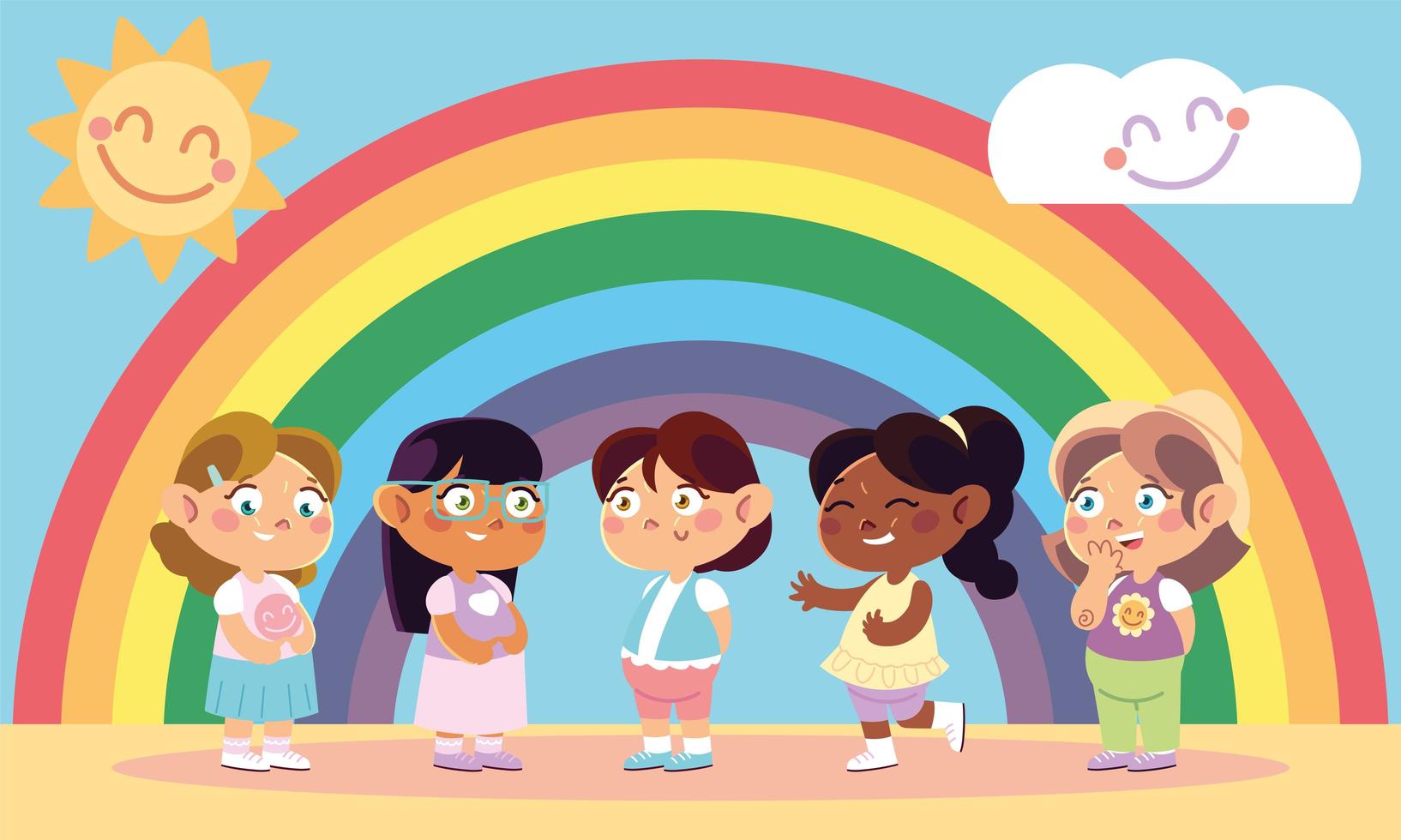 childrens day, happy little girls and rainbow decoration vector