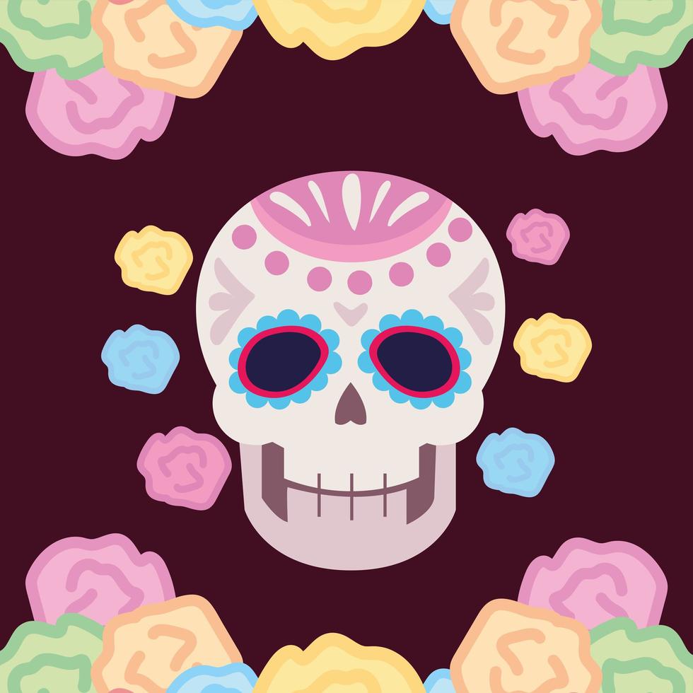 day of the dead, sugar skull flowers ornament mexican celebration vector