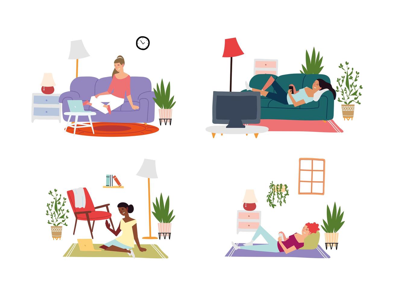 women in the room doing different activity, indoor activities vector