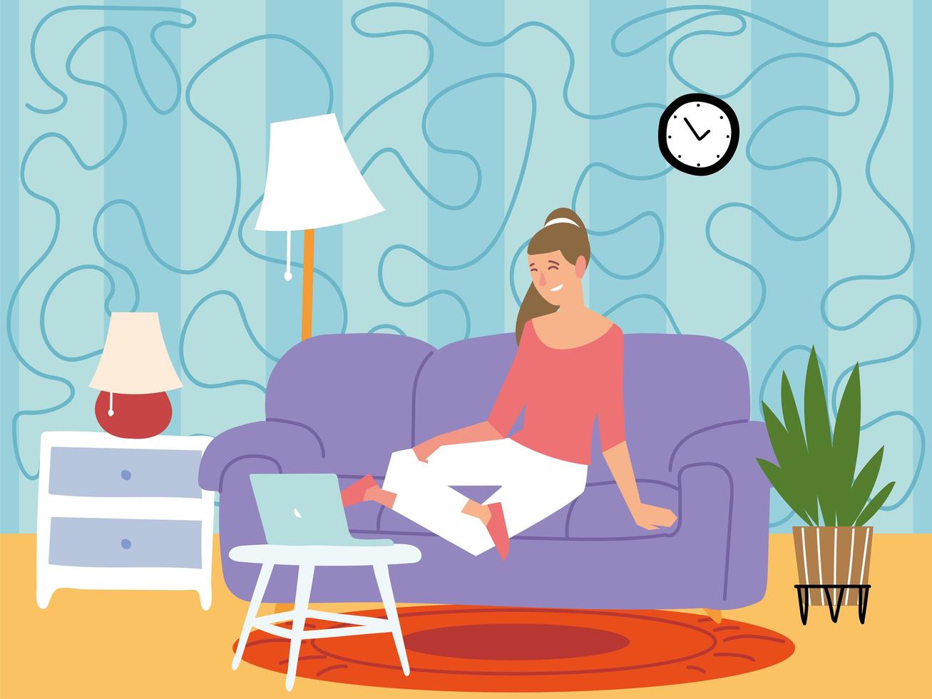 female character is sitting in a sofa and working on a laptop, indoor activities vector