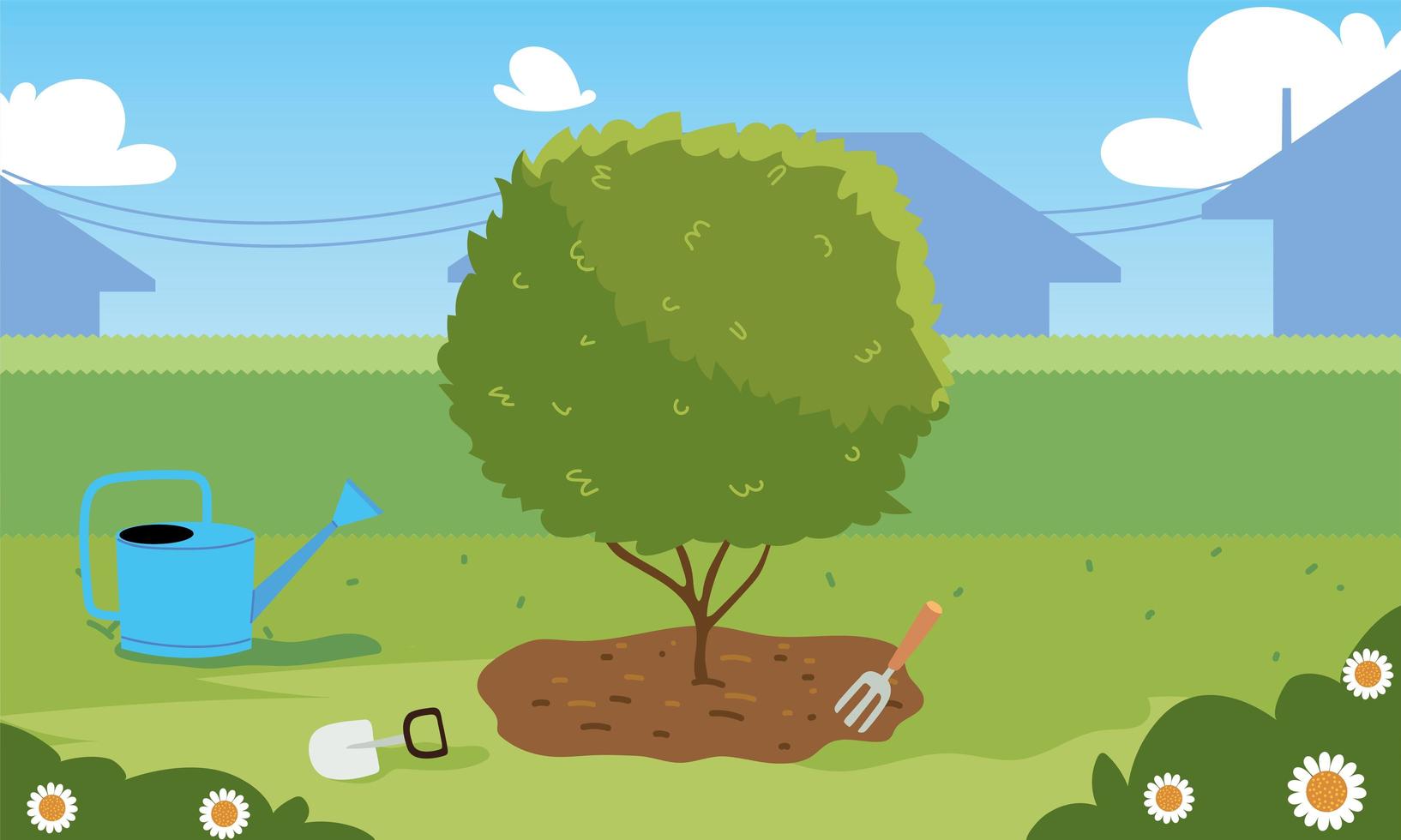 house garden with tree and watering can vector design
