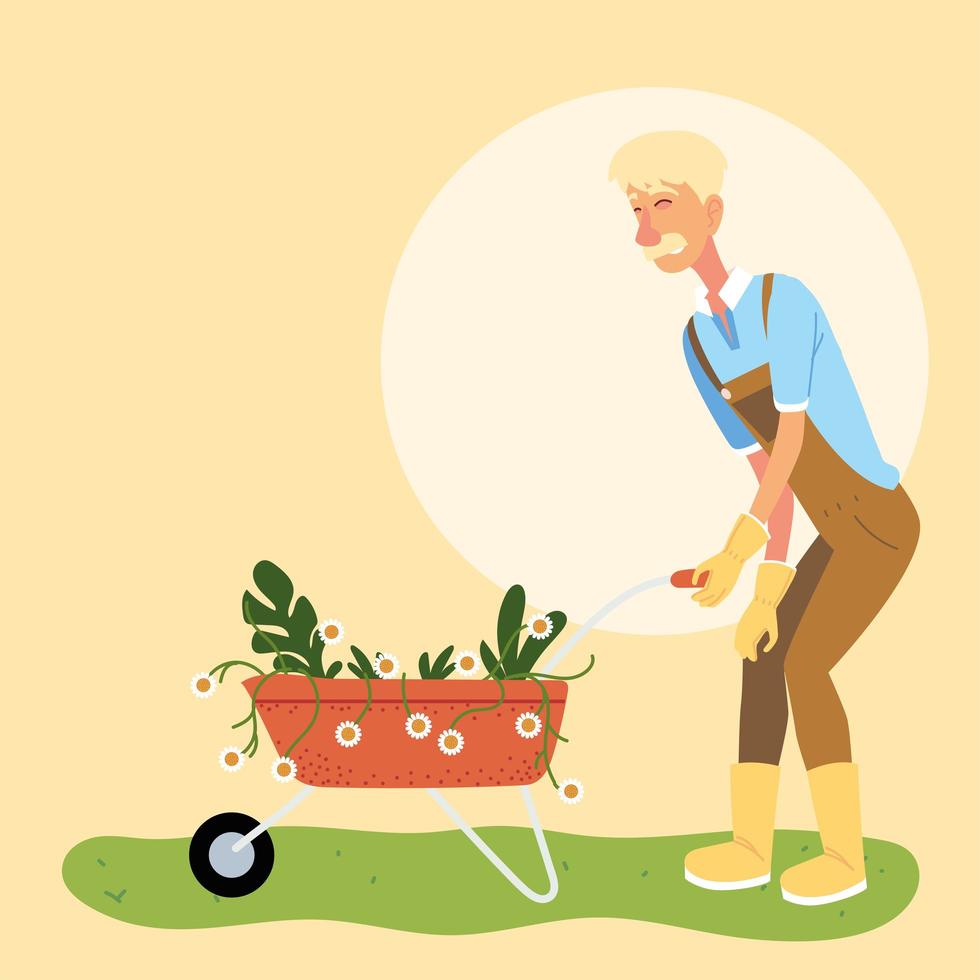 gardener man cartoon with overall and flowers wheelbarrow vector design