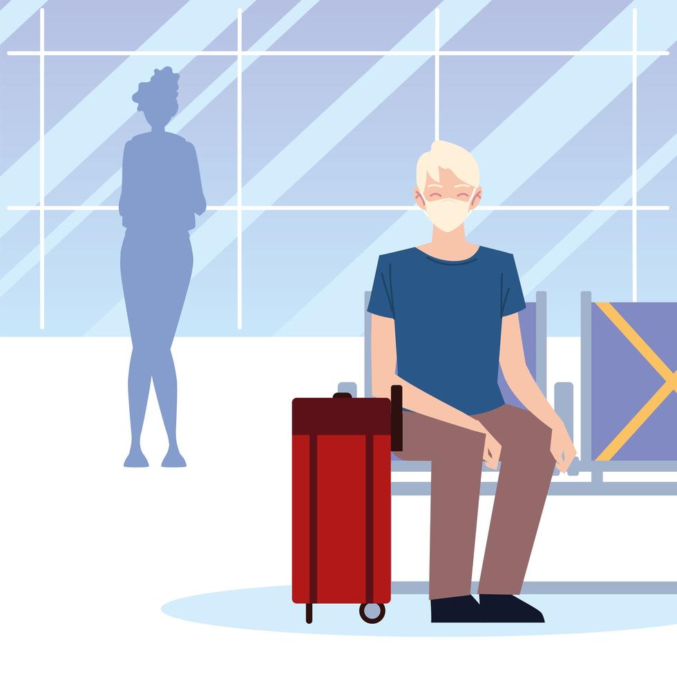 aeropuerto nuevo normal, hombre con máscara y maleta sentado esperando vector