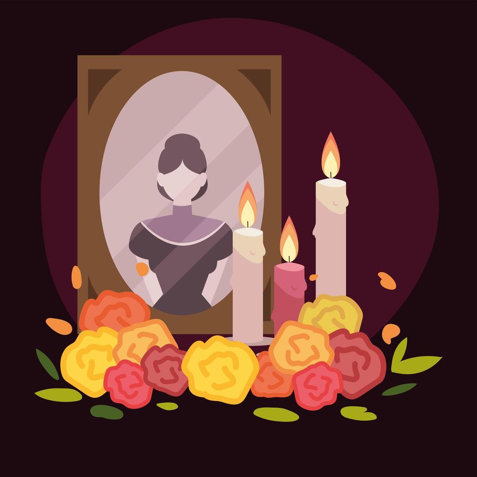 día de muertos, marco con foto femenina velas y flores, celebración mexicana vector