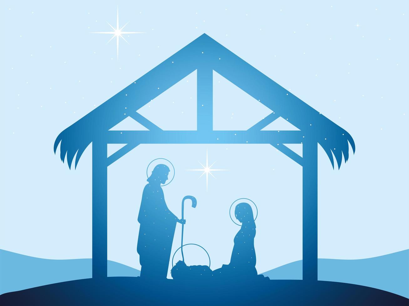 natividad, silueta brillante maría josé y el pesebre del niño jesús vector