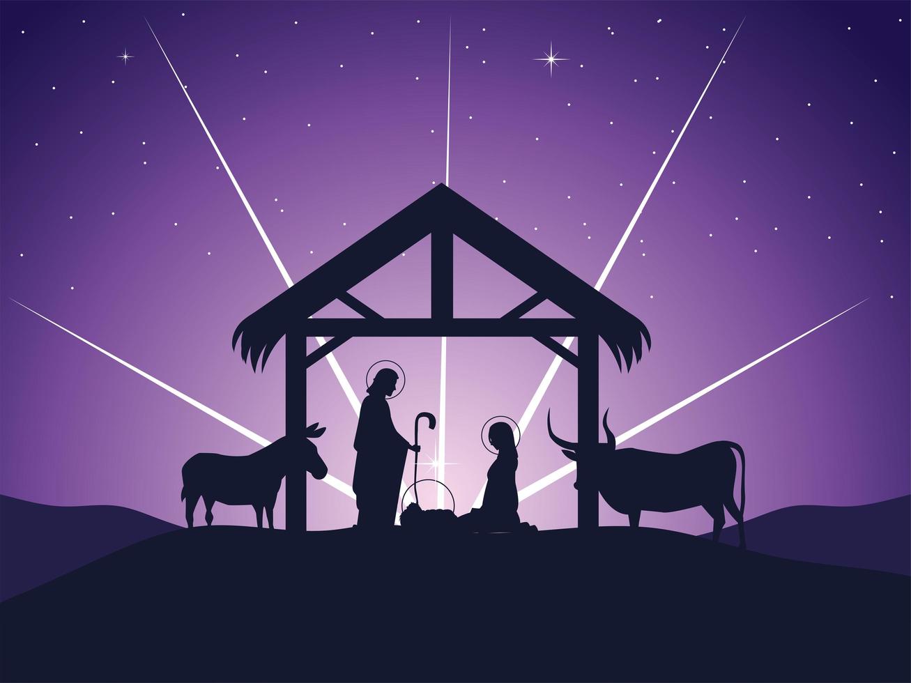 natividad, josé maría bebé jesús pesebre y estrella resplandeciente vector