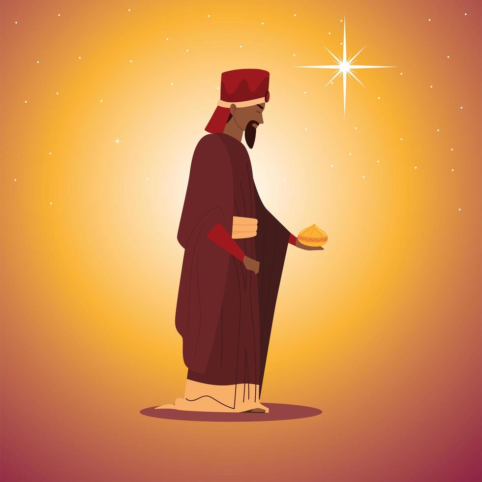 Natividad, pesebre de personaje de rey sabio de balthazar con regalo para el nacimiento de cristo vector