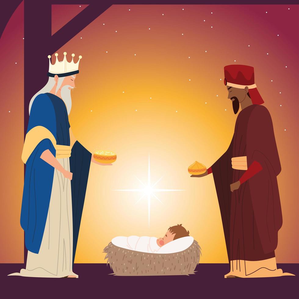 nativity, wise kings with gift for baby Jesus traditional celebration religious vector