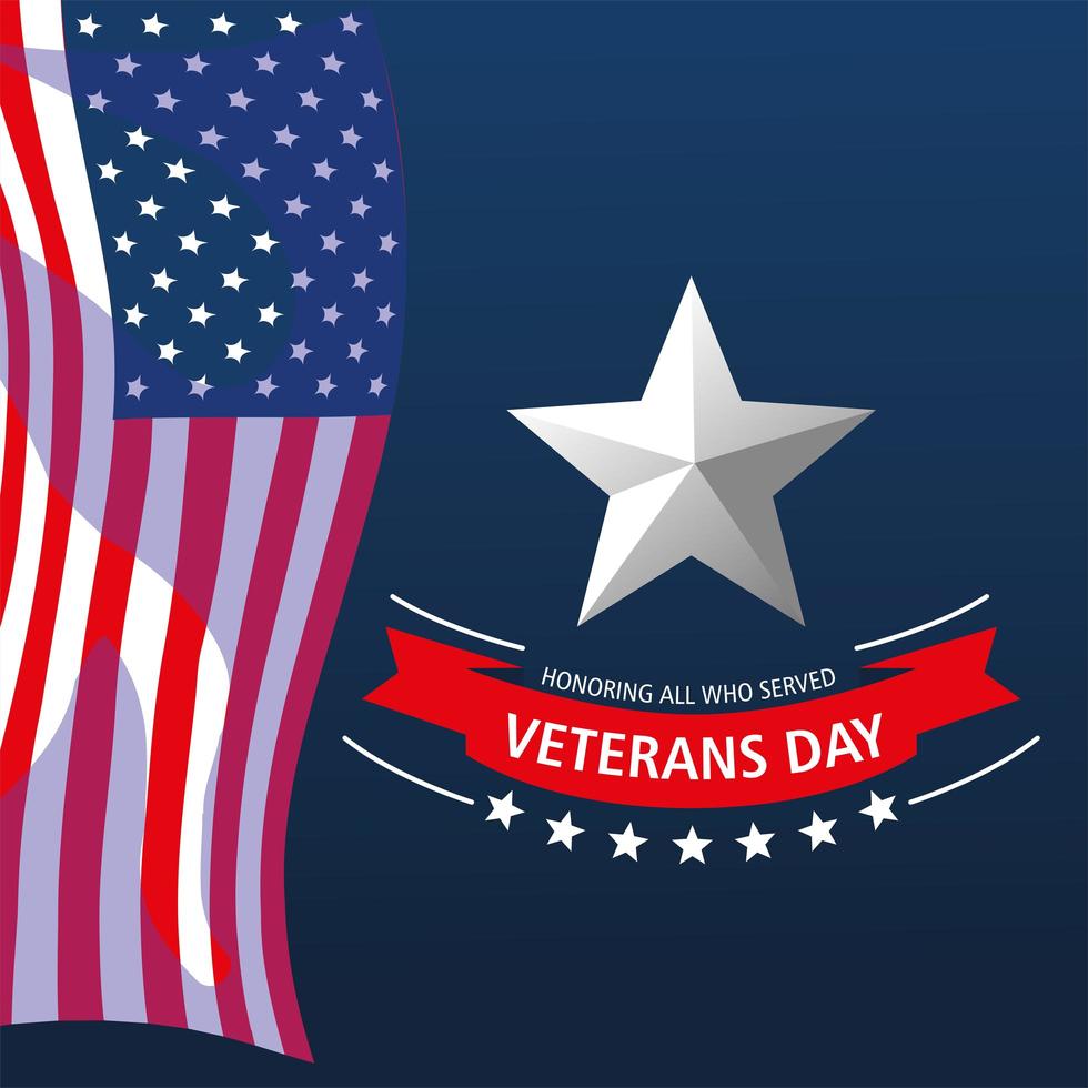 happy veterans day, hanging waving US flag and star card vector