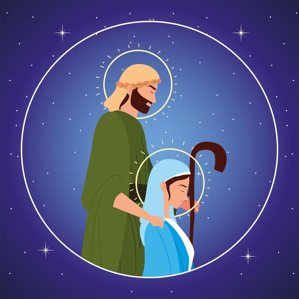 nativity, holy mary and joseph characters round portrait vector