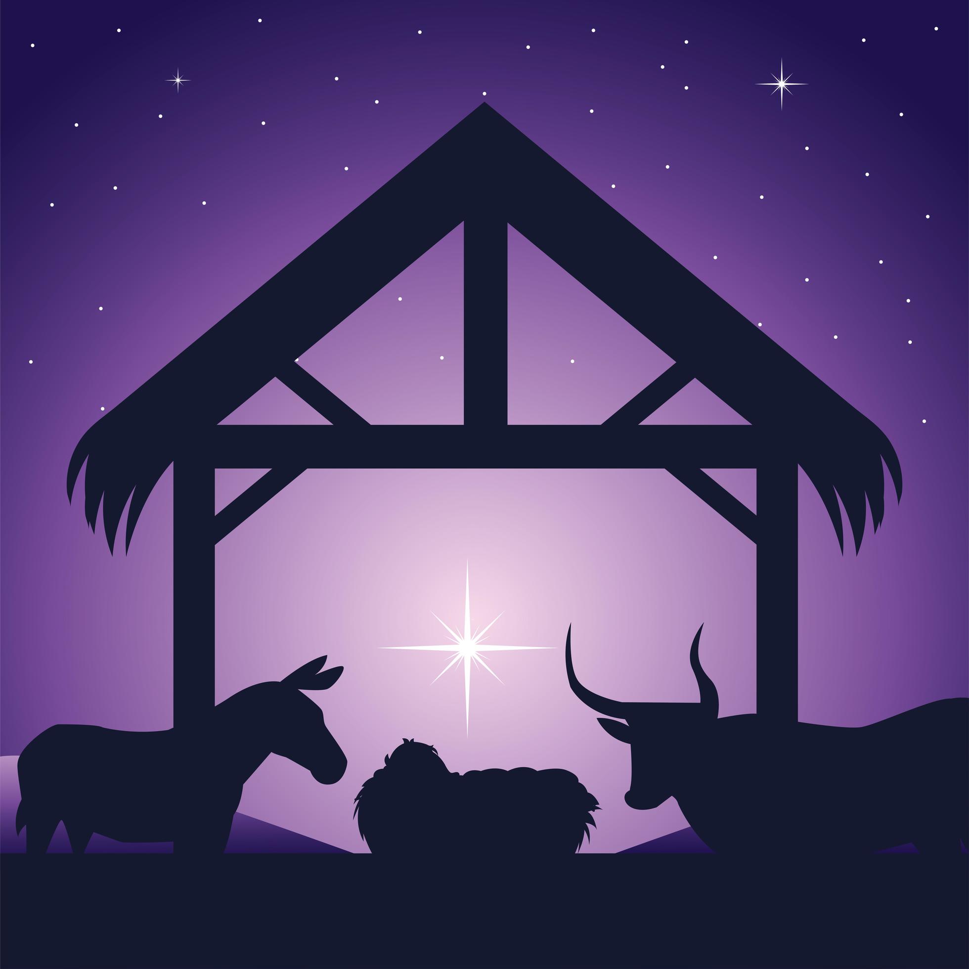 nativity, manger baby jesus and animals traditional celebration