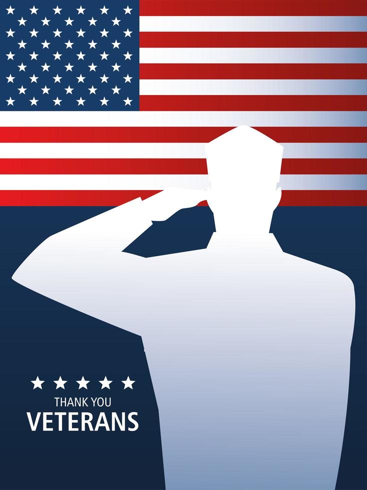 happy veterans day, military soldier saluting and US flag vector