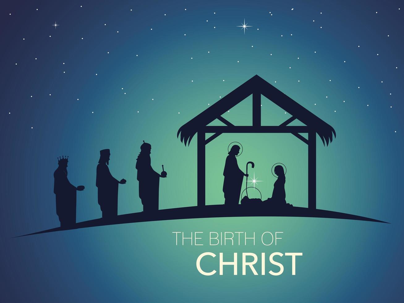 nativity scene of baby Jesus in the manger with Mary and Joseph in silhouette with wise men vector