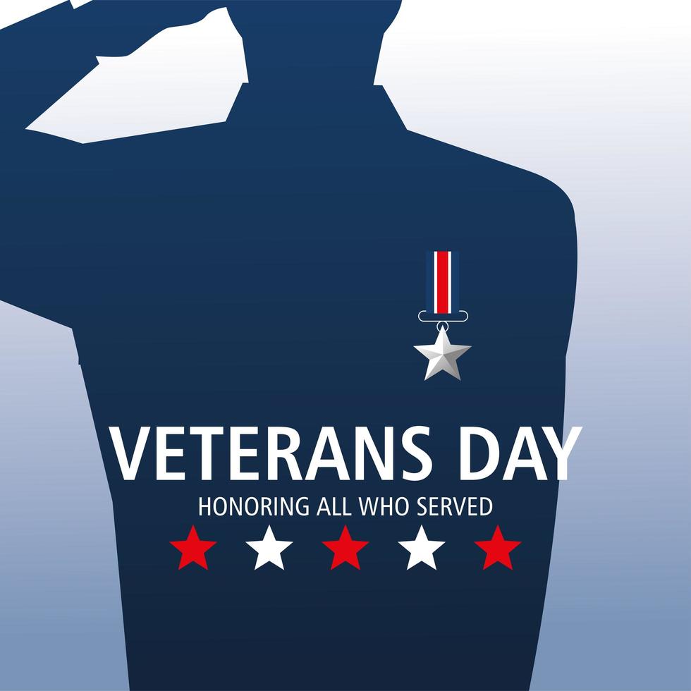 feliz día de los veteranos, saludo de soldado con medalla vector