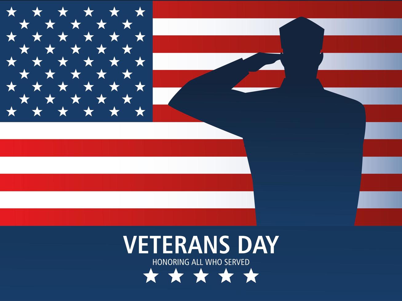 happy veterans day, greeting card soldier salute and US flag memorial vector