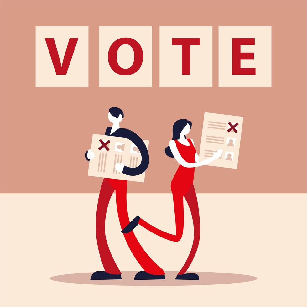 election day, man and owman with voting ballot democracy vector