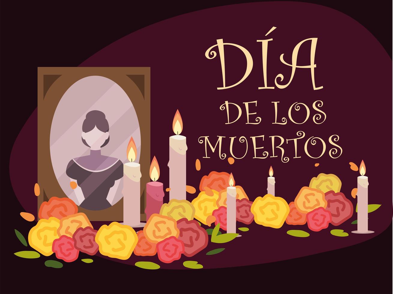 Día de los muertos, altar mexicano con velas de fotos y celebración de flores. vector