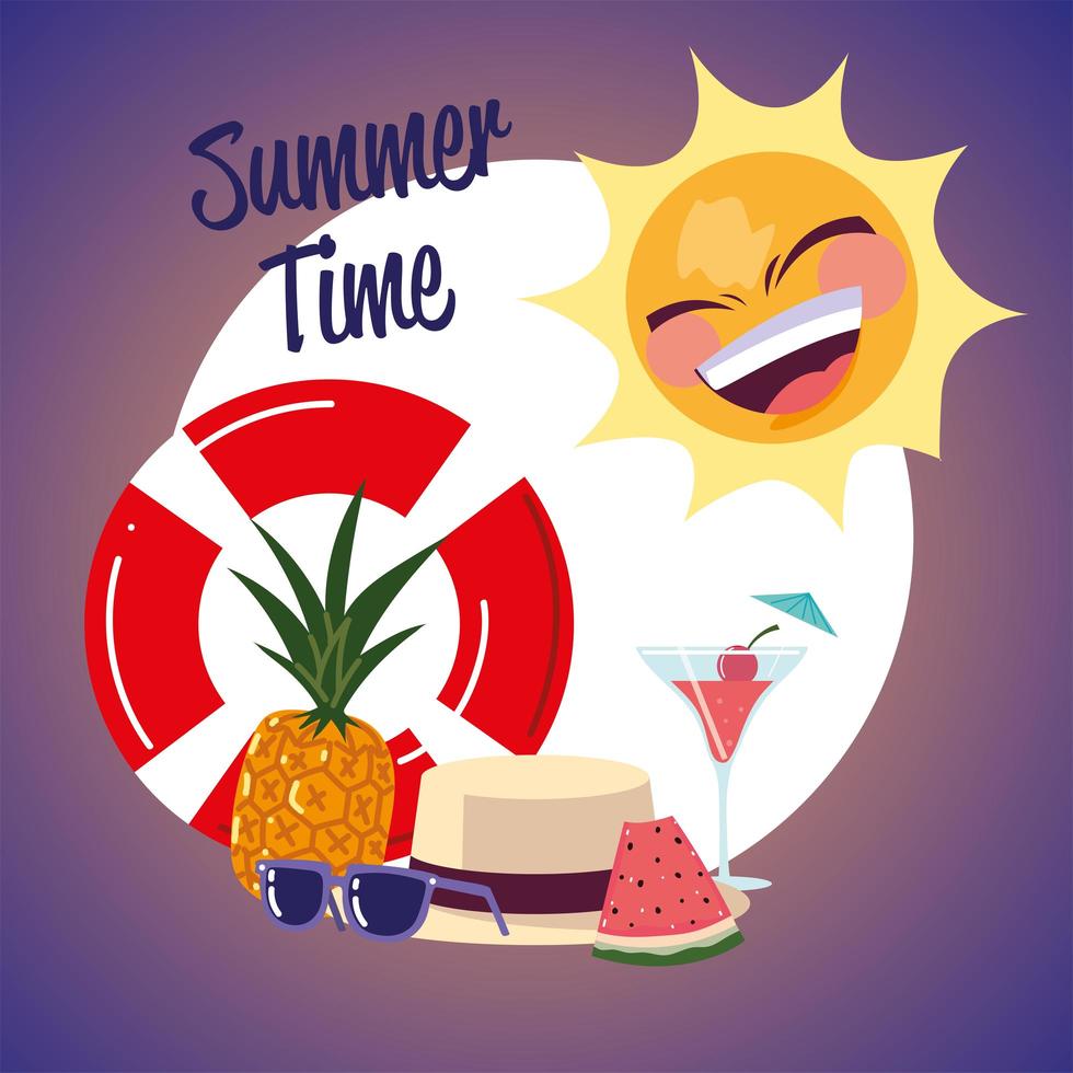viajes de vacaciones de verano, gafas de sol flotantes, sandía y banner de cóctel vector