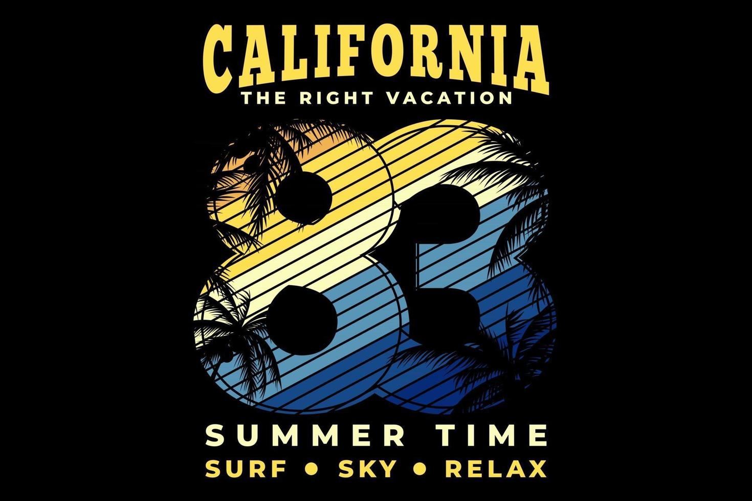 camiseta california vacaciones verano surf cielo relajarse tipografía estilo retro vector