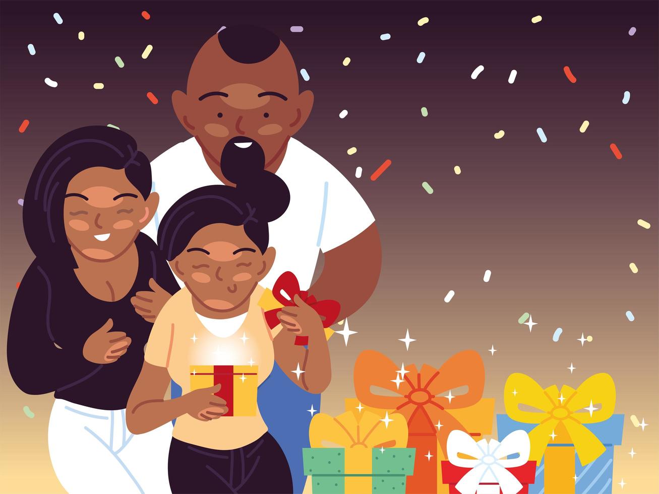 black family opening gifts vector design