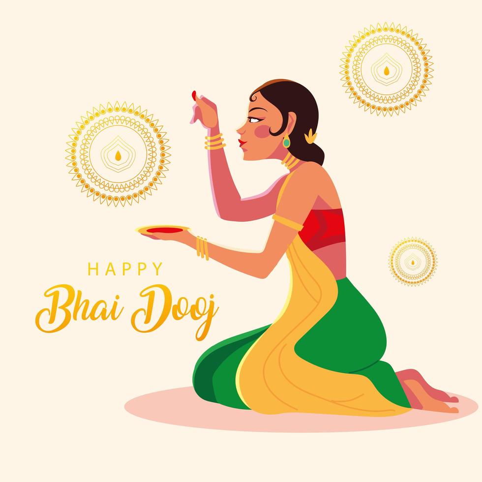 feliz bhai dooj y dibujos animados de mujer india con diseño de vector de tazón