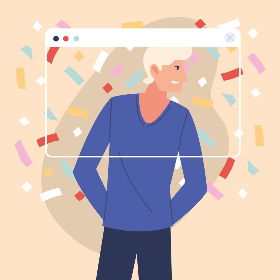 virtual party with blond man cartoon and confetti in screen vector design