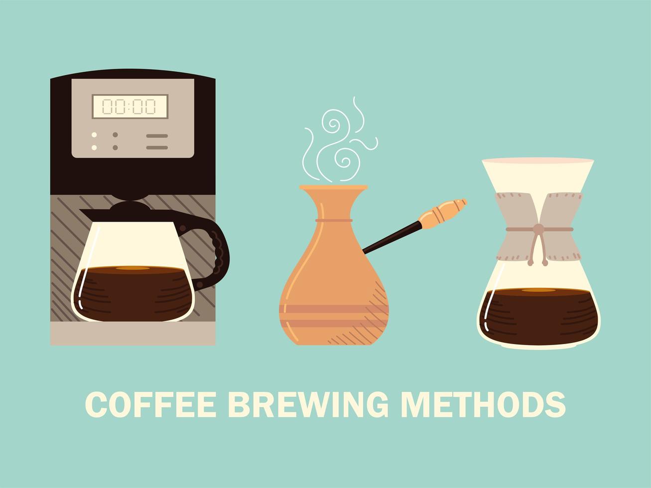 coffee brewing methods, turkish cezve drip and digital machine coffee vector