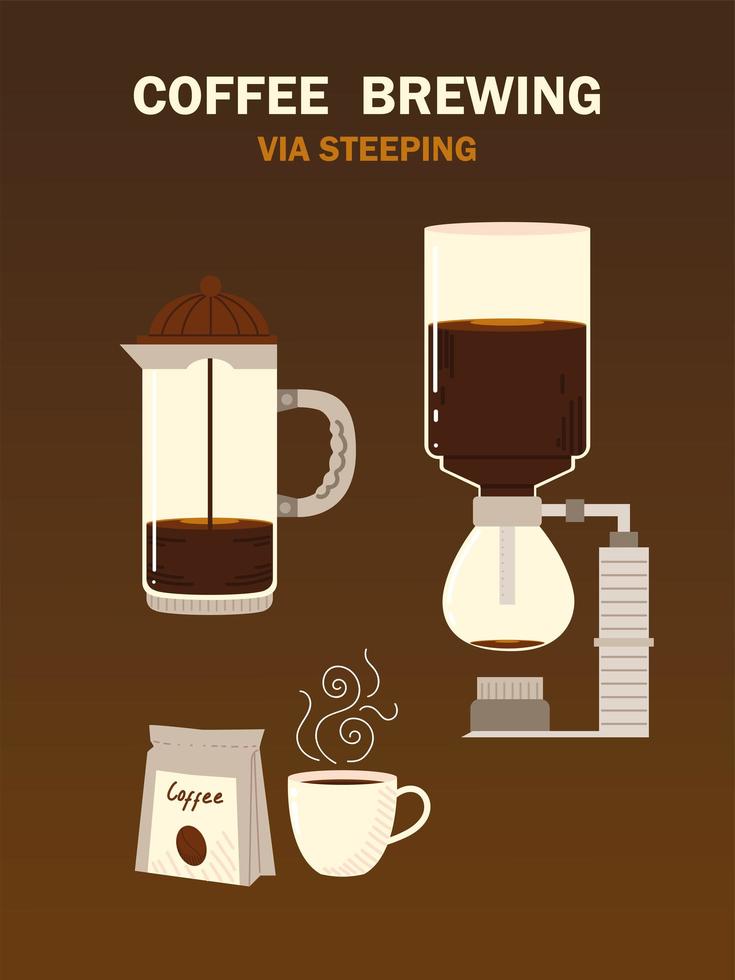coffee brewing methods, syphon french press cup and pack product vector