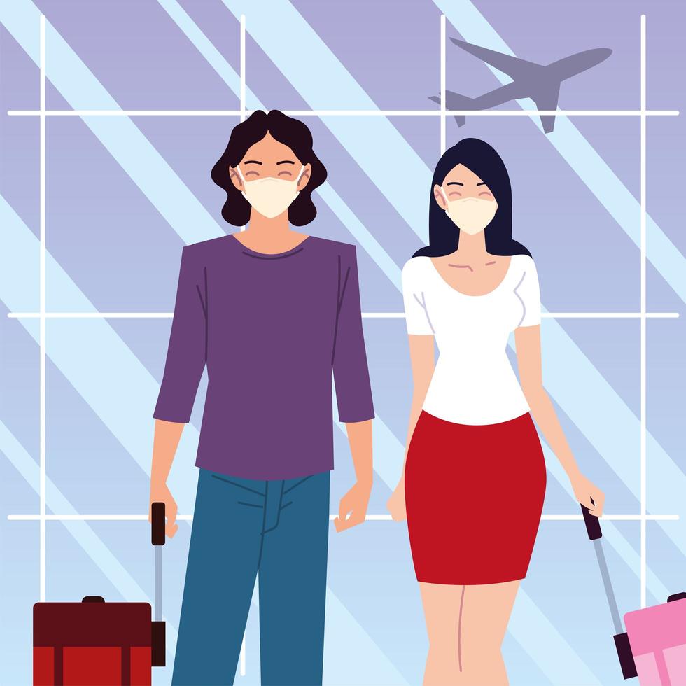 airport new normal, man and woman wearing protective masks and suitcases vector