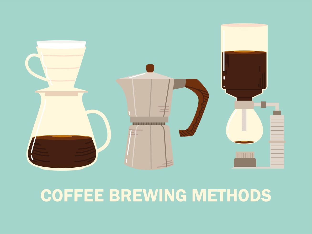 coffee brewing methods, syphon moka pot and drip coffee vector