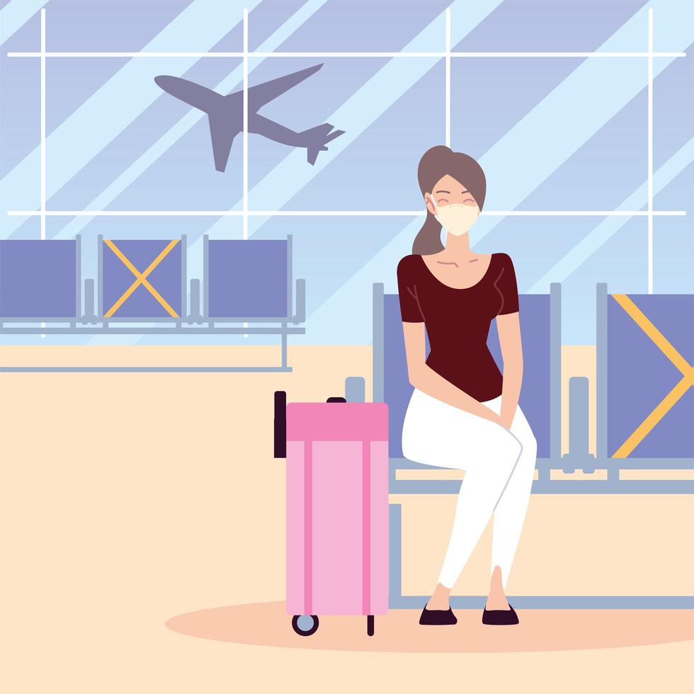 airport new normal, woman sitting with protective mask and suitcase vector