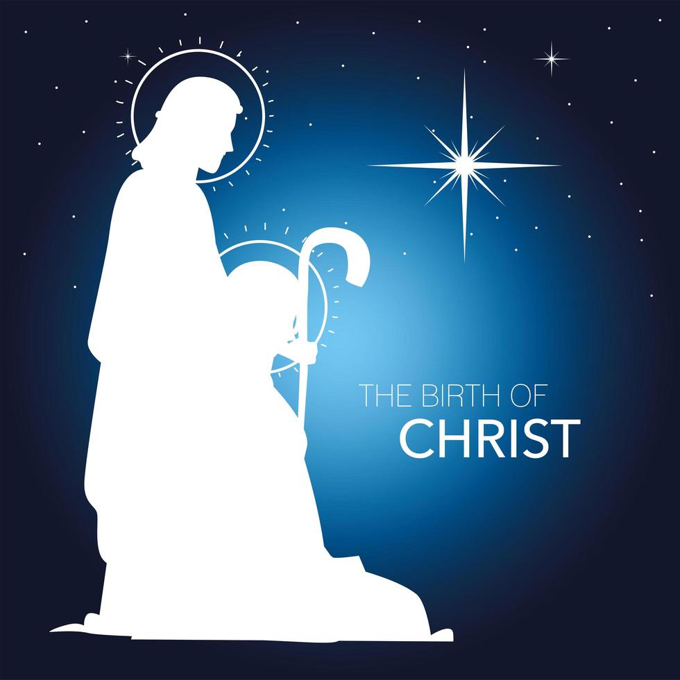 nativity, white silhouette joseph and mary with shining star blue background vector