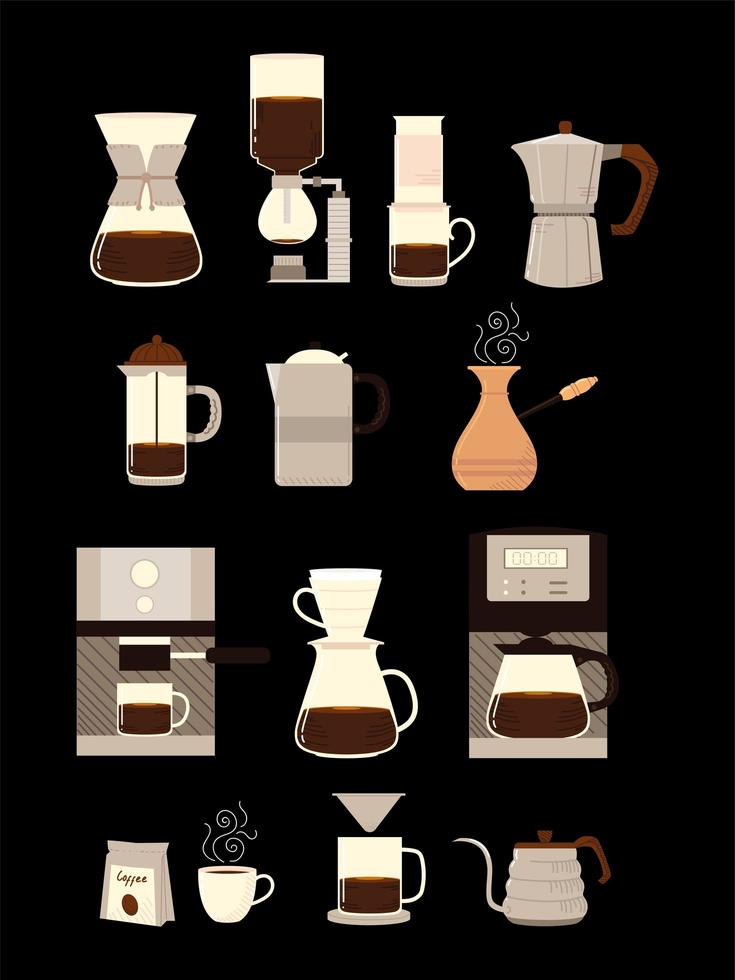 coffee brewing methods, different alternative process making coffee and cups vector