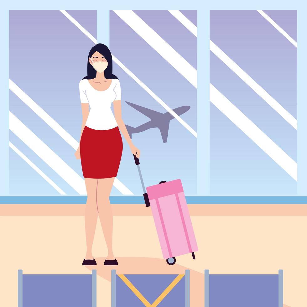 airport new normal, young woman with protective mask and bag waiting plane vector