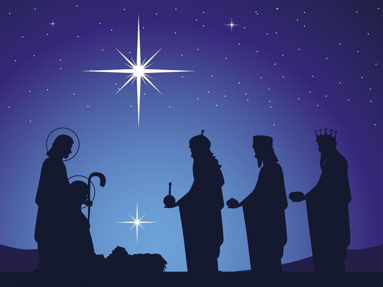 nativity, baby Jesus in the manger with Joseph Mary and wise kings, glowing star in the sky vector